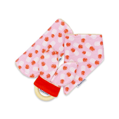 Gift Set - Dribble Bib, Burp Cloth & Teething Ring - Tossed Pineapples Pink
