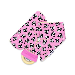 Gift Set - Dribble Bib, Burp Cloth & Teething Ring - Tossed Pandas Pink