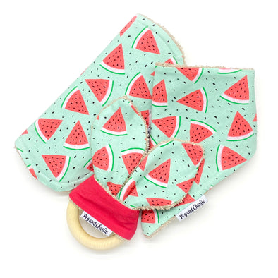 Gift Set - Dribble Bib, Burp Cloth & Teething Ring - Watermelons