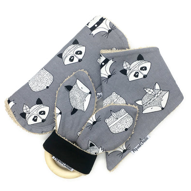 Gift Set - Dribble Bib, Burp Cloth & Teething Ring - Tribal Animals