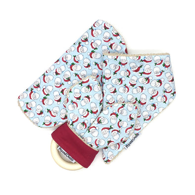 Gift Set - Dribble Bib, Burp Cloth & Teething Ring - Santa on Blue