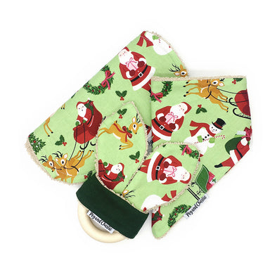 Gift Set - Dribble Bib, Burp Cloth & Teething Ring - Santa on Green