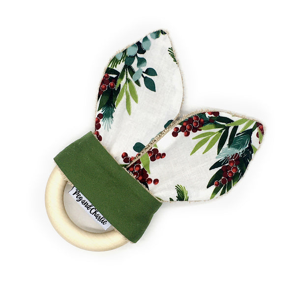 Gift Set - Dribble Bib, Burp Cloth & Teething Ring - Christmas Wreath