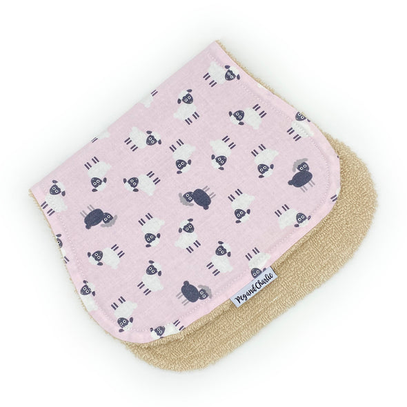 Gift Set - Dribble Bib, Burp Cloth & Teething Ring - Tossed Sheep Pink