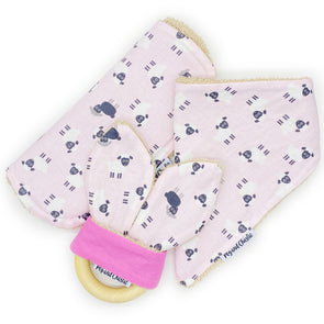 Gift Set - Dribble Bib, Burp Cloth & Teething Ring - Tossed Sheep Pink