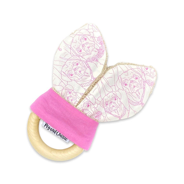 Gift Set - Dribble Bib, Burp Cloth & Teething Ring - Pugs Pink