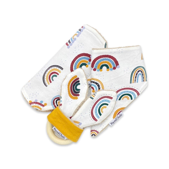 Gift Set - Dribble Bib, Burp Cloth & Teething Ring - Boho Rainbow