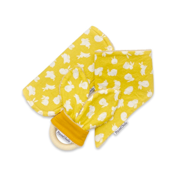 Gift Set - Dribble Bib, Burp Cloth & Teething Ring - Mustard Bunny