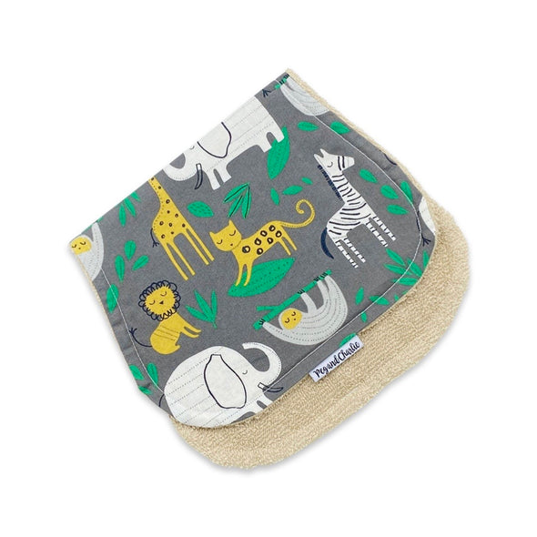 Gift Set - Dribble Bib, Burp Cloth & Teething Ring - Jungle Friends Smoky
