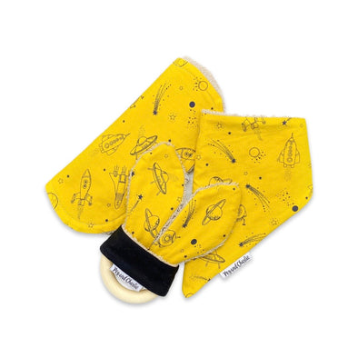 Gift Set - Dribble Bib, Burp Cloth & Teething Ring - Mustard Space