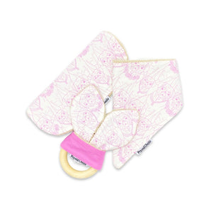 Gift Set - Dribble Bib, Burp Cloth & Teething Ring - Pugs Pink