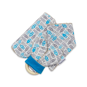 Gift Set - Dribble Bib, Burp Cloth & Teething Ring - Mini Owls Blue