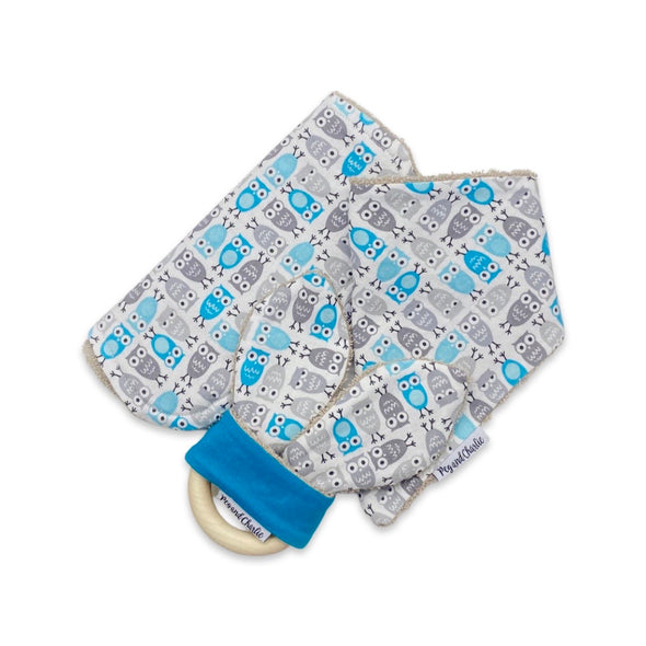 Gift Set - Dribble Bib, Burp Cloth & Teething Ring - Mini Owls Blue