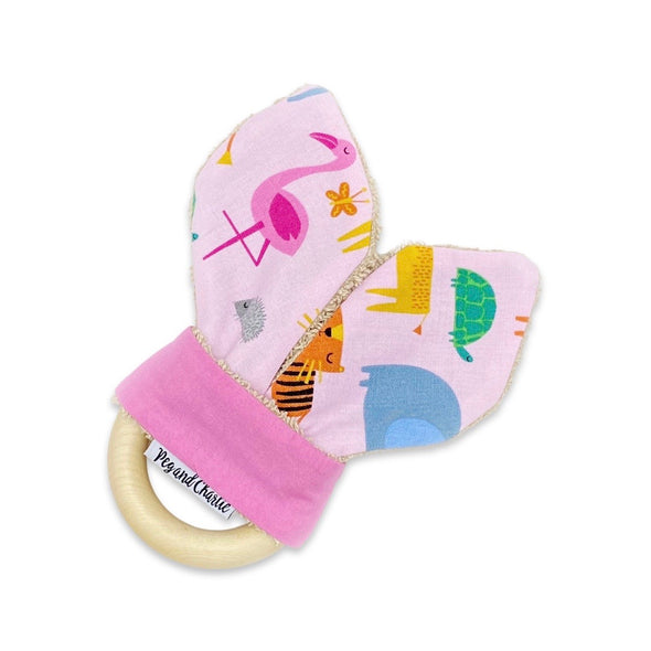 Gift Set - Dribble Bib, Burp Cloth & Teething Ring - Jungle Animals Pink
