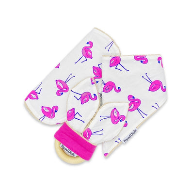 Gift Set - Dribble Bib, Burp Cloth & Teething Ring - Fluoro Flamingo