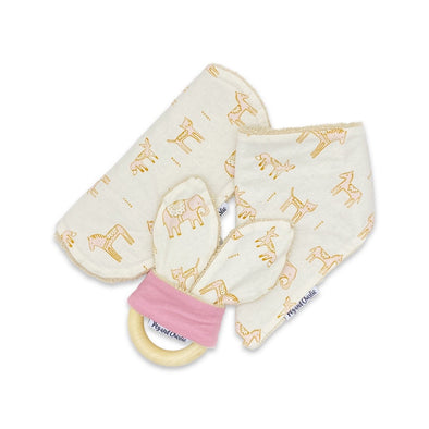 Gift Set - Dribble Bib, Burp Cloth & Teething Ring - Dahlia Pink