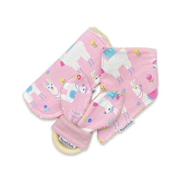 Gift Set - Dribble Bib, Burp Cloth & Teething Ring - Llamas Pink