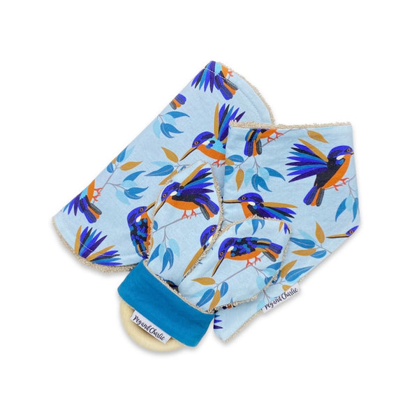 Gift Set - Dribble Bib, Burp Cloth & Teething Ring - Kingfisher