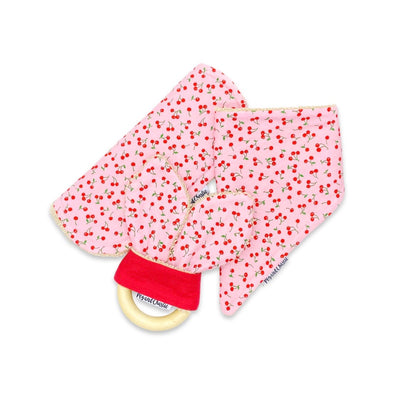 Gift Set - Dribble Bib, Burp Cloth & Teething Ring - Cherries