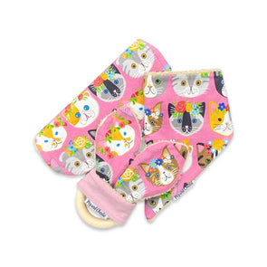 Gift Set - Dribble Bib, Burp Cloth & Teething Ring - Flower Crown Cats