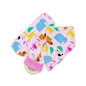 Gift Set - Dribble Bib, Burp Cloth & Teething Ring - Jungle Animals Pink