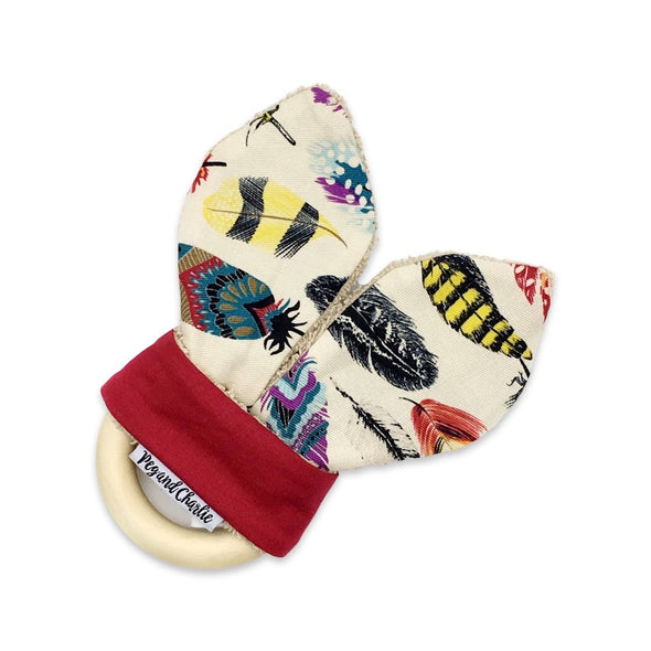 Gift Set - Dribble Bib, Burp Cloth & Teething Ring - Rainbow Feathers