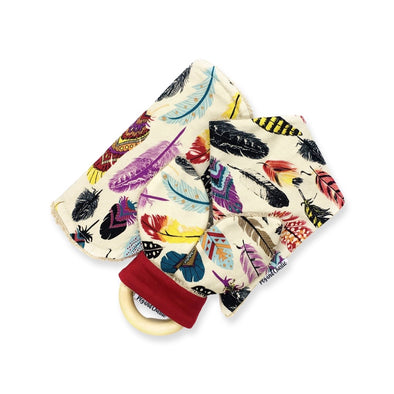 Gift Set - Dribble Bib, Burp Cloth & Teething Ring - Rainbow Feathers