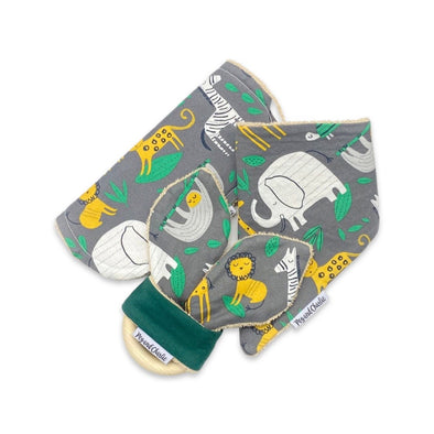 Gift Set - Dribble Bib, Burp Cloth & Teething Ring - Jungle Friends Smoky