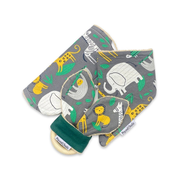 Gift Set - Dribble Bib, Burp Cloth & Teething Ring - Jungle Friends Smoky