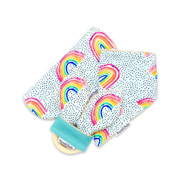 Gift Set - Dribble Bib, Burp Cloth & Teething Ring - Sunshine Rainbow