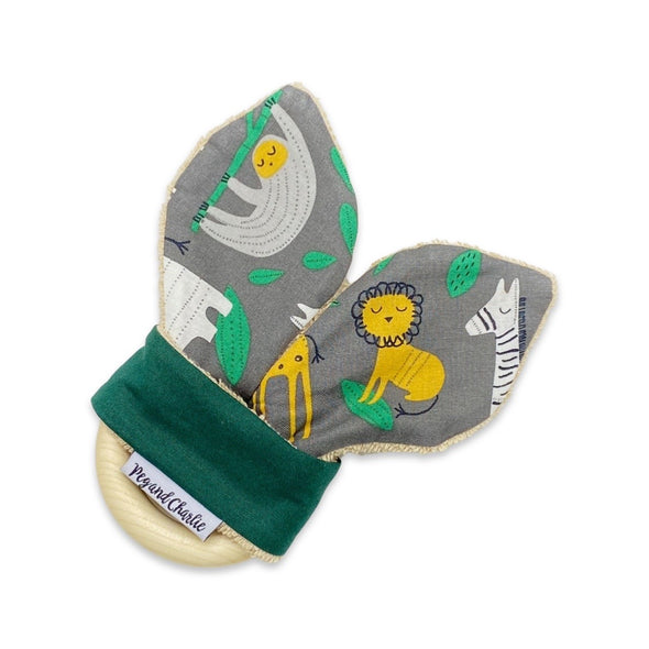 Gift Set - Dribble Bib, Burp Cloth & Teething Ring - Jungle Friends Smoky